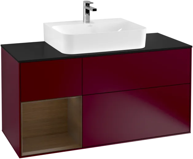 VILLEROY BOCH Toaletní skříňka Finion, s osvětlením, 3 výsuvy, 1200 x 603 x 501 mm, matný lak Peony / ořechová dýha / černé matné sklo #F162GNHB