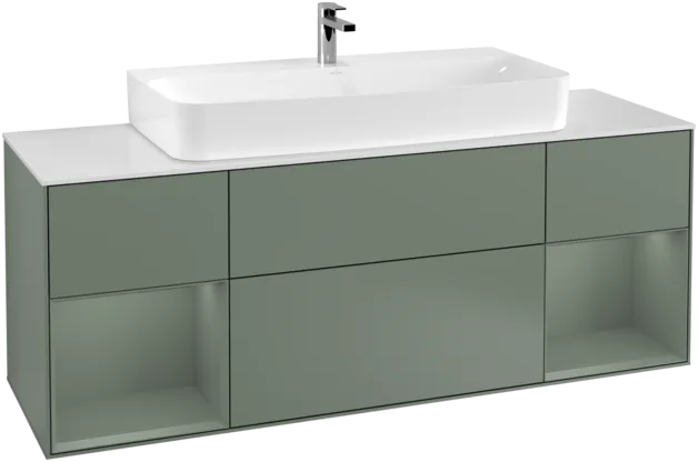 VILLEROY BOCH Toaletní skříňka Finion, s osvětlením, 4 výsuvy, 1600 x 603 x 501 mm, olivově matný lak / olivově matný lak / sklo bílé matné #F211GMGM, obrázek 1