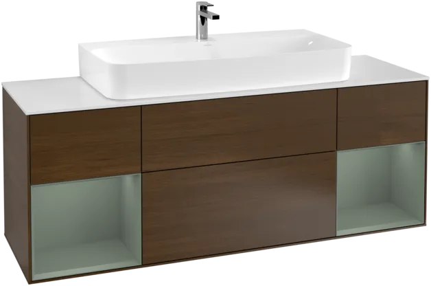 VILLEROY BOCH Toaletní skříňka Finion, s osvětlením, 4 výsuvy, 1600 x 603 x 501 mm, ořechová dýha / olivový matný lak / sklo bílé matné #F211GMGN, obrázek 1