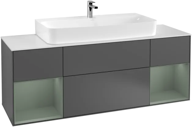 VILLEROY BOCH Toaletní skříňka Finion, s osvětlením, 4 výsuvy, 1600 x 603 x 501 mm, antracitový matný lak / olivový matný lak / bílé matné sklo #F211GMGK, obrázek 1