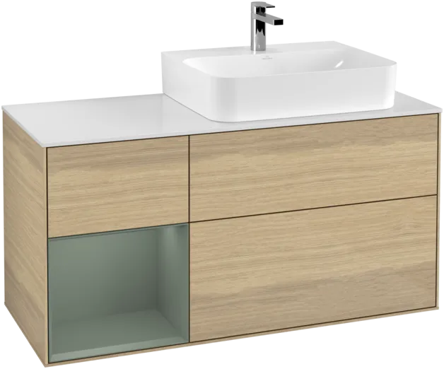 VILLEROY BOCH Toaletní skříňka Finion, s osvětlením, 3 výsuvy, 1200 x 603 x 501 mm, dubová dýha / olivový matný lak / sklo bílé matné #F141GMPC