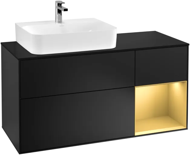 VILLEROY BOCH Toaletní skříňka Finion, s osvětlením, 3 výsuvy, 1200 x 603 x 501 mm, černý matný lak / zlatý matný lak / černé matné sklo #F152HFPD