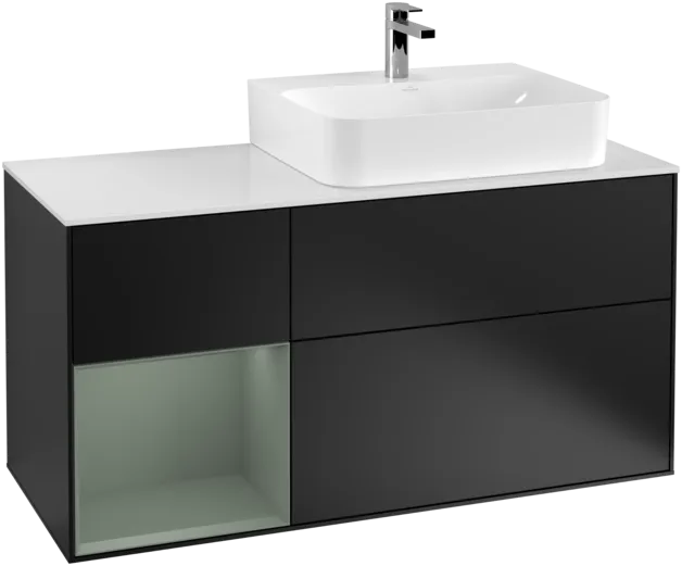 VILLEROY BOCH Toaletní skříňka Finion, s osvětlením, 3 výsuvy, 1200 x 603 x 501 mm, černý matný lak / olivový matný lak / bílé matné sklo #F141GMPD