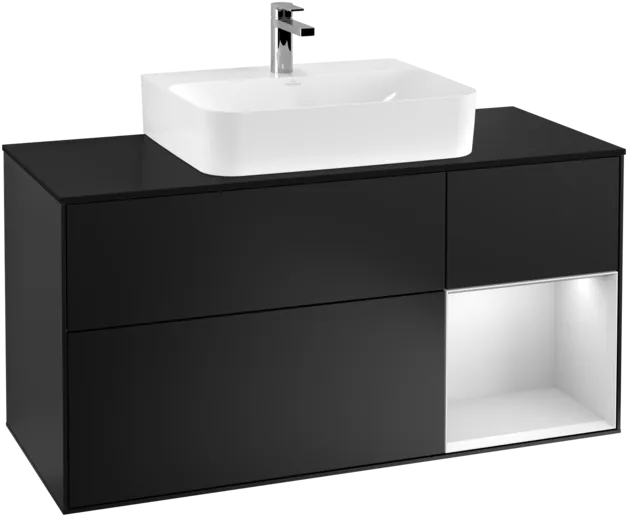 VILLEROY BOCH Toaletní skříňka Finion, s osvětlením, 3 výsuvy, 1200 x 603 x 501 mm, černý matný lak / bílý matný lak / černé matné sklo #F172MTPD