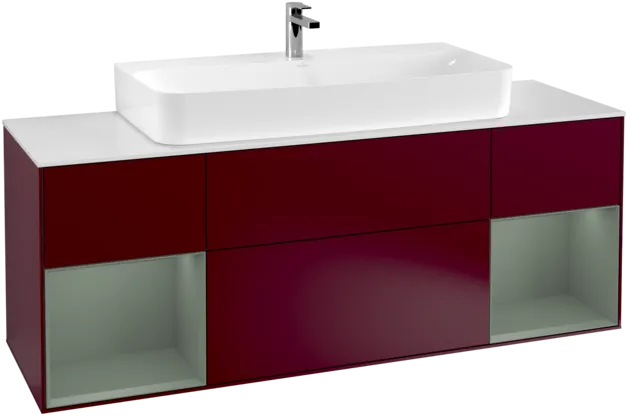 VILLEROY BOCH Toaletní skříňka Finion, s osvětlením, 4 výsuvy, 1600 x 603 x 501 mm, Pivoňka matný lak / Olivový matný lak / Sklo bílé matné #F211GMHB
