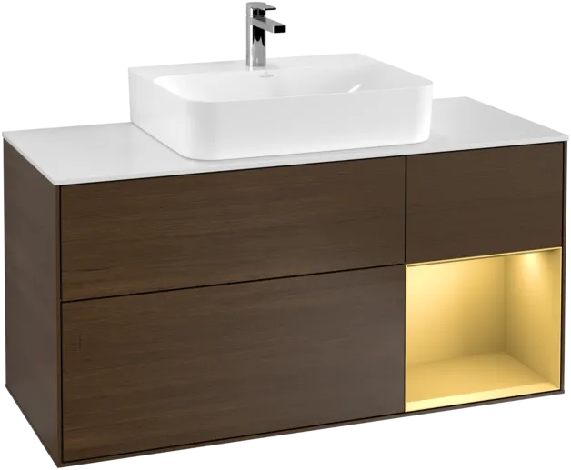 VILLEROY BOCH Toaletní skříňka Finion, s osvětlením, 3 výsuvy, 1200 x 603 x 501 mm, ořechová dýha / zlatý matný lak / sklo bílé matné #F171HFGN