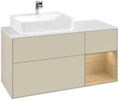 VILLEROY BOCH Toaletní skříňka Finion, s osvětlením, 3 výsuvy, 1200 x 603 x 501 mm, hedvábně šedý matný lak / dubová dýha / bílé matné sklo #F151PCHJ