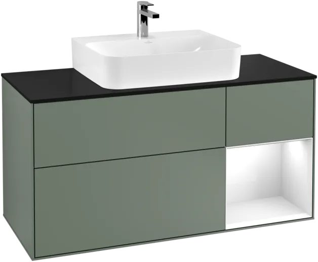 VILLEROY BOCH Toaletní skříňka Finion, s osvětlením, 3 výsuvy, 1200 x 603 x 501 mm, olivový matný lak / lesklý bílý lak / sklo černé matné #F172GFGM, obrázek 1