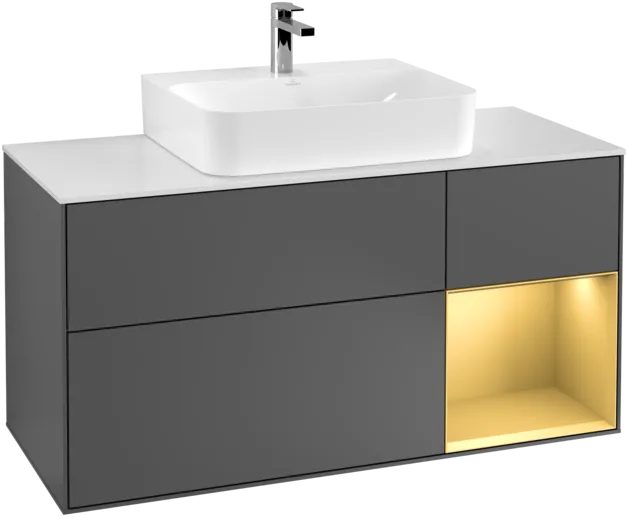 VILLEROY BOCH Toaletní skříňka Finion, s osvětlením, 3 výsuvy, 1200 x 603 x 501 mm, antracitový matný lak / zlatý matný lak / bílé matné sklo #F171HFGK, obrázek 1