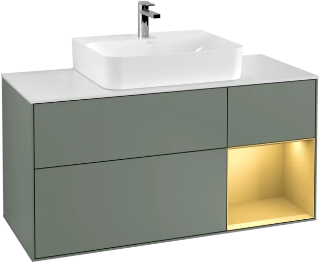 VILLEROY BOCH Toaletní skříňka Finion, s osvětlením, 3 výsuvy, 1200 x 603 x 501 mm, olivový matný lak / zlatý matný lak / bílé matné sklo #F171HFGM