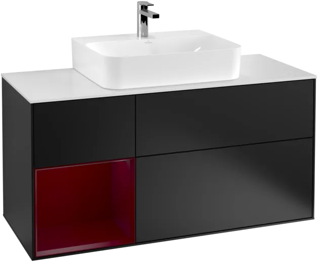VILLEROY BOCH Toaletní skříňka Finion, s osvětlením, 3 výsuvy, 1200 x 603 x 501 mm, černý matný lak / pivoňkový matný lak / bílé matné sklo #F161HBPD