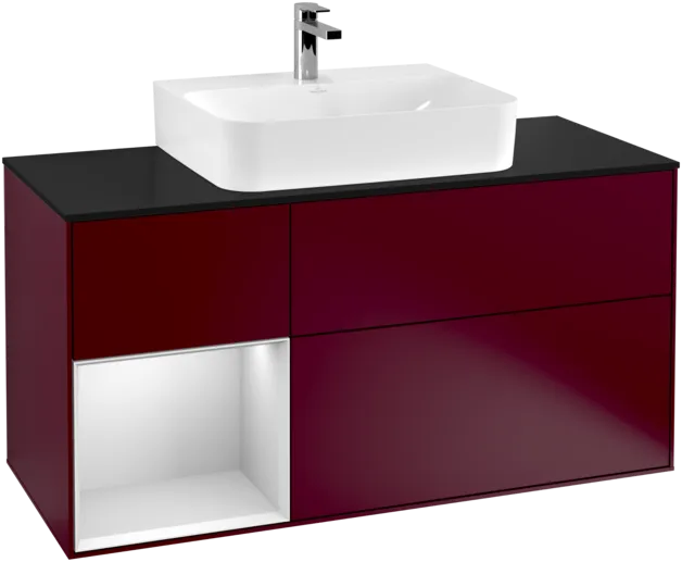 VILLEROY BOCH Toaletní skříňka Finion, s osvětlením, 3 výsuvy, 1200 x 603 x 501 mm, matný lak Peony / bílý matný lak / černé matné sklo #F162MTHB