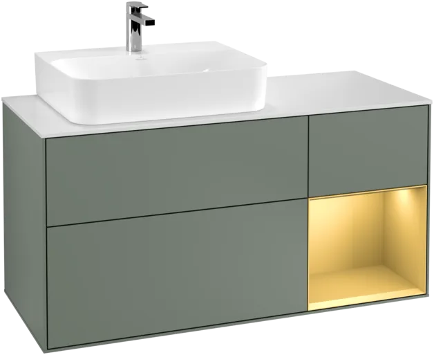 VILLEROY BOCH Toaletní skříňka Finion, s osvětlením, 3 výsuvy, 1200 x 603 x 501 mm, olivový matný lak / zlatý matný lak / bílé matné sklo #F151HFGM