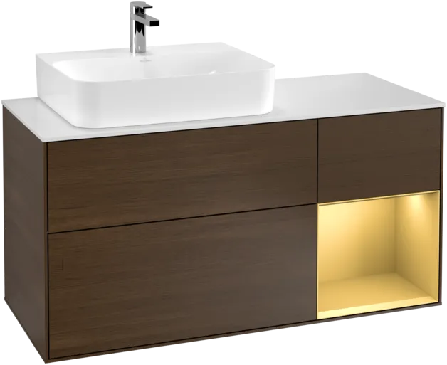 VILLEROY BOCH Toaletní skříňka Finion, s osvětlením, 3 výsuvy, 1200 x 603 x 501 mm, ořechová dýha / zlatý matný lak / sklo bílé matné #F151HFGN