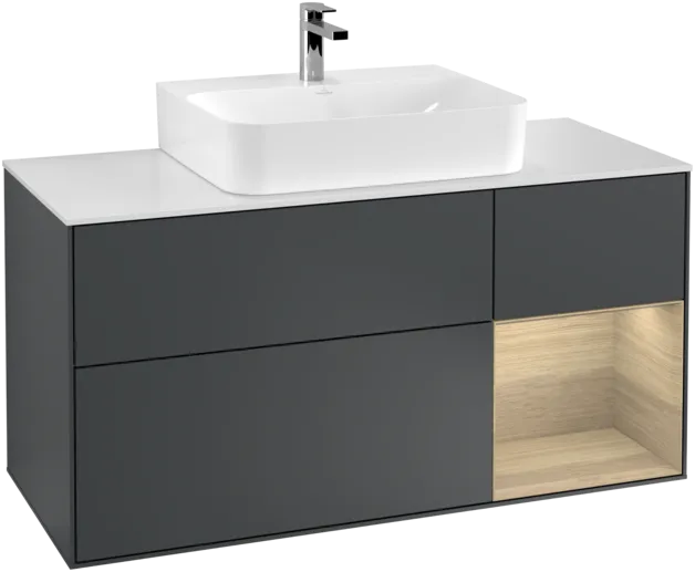 VILLEROY BOCH Toaletní skříňka Finion, s osvětlením, 3 výsuvy, 1200 x 603 x 501 mm, matný lak Midnight Blue / dubová dýha / matné bílé sklo #F171PCHG