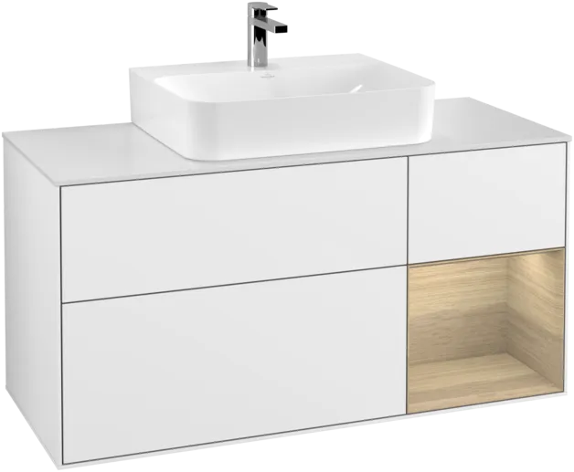 VILLEROY BOCH Toaletní skříňka Finion, s osvětlením, 3 výsuvy, 1200 x 603 x 501 mm, lesklý bílý lak / dubová dýha / sklo bílé matné #F171PCGF