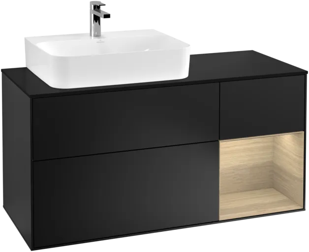 VILLEROY BOCH Toaletní skříňka Finion, s osvětlením, 3 výsuvy, 1200 x 603 x 501 mm, černý matný lak / dubová dýha / černé matné sklo #F152PCPD, obrázek 1