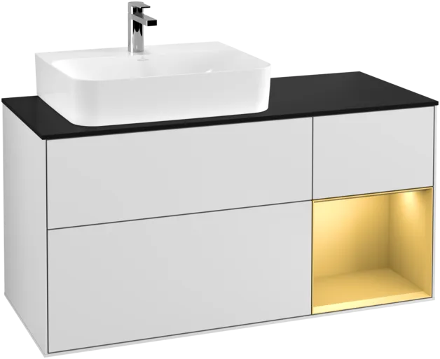 VILLEROY BOCH Toaletní skříňka Finion, s osvětlením, 3 výsuvy, 1200 x 603 x 501 mm, bílý matný lak / zlatý matný lak / černé matné sklo #F152HFMT, obrázek 1