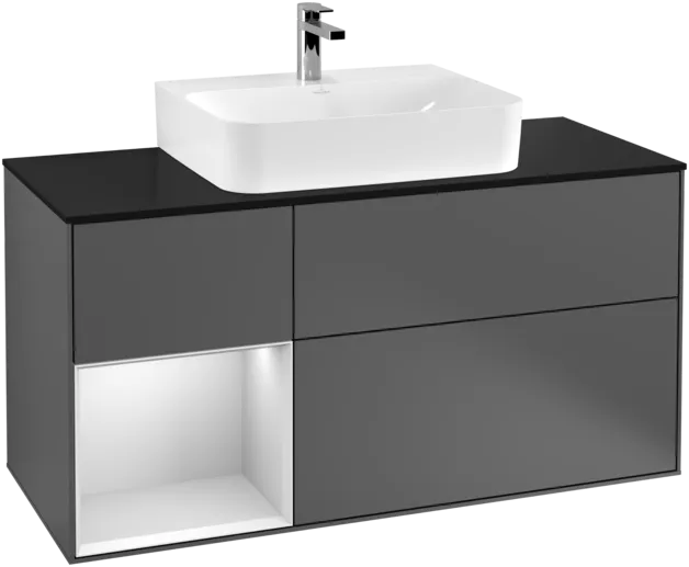 VILLEROY BOCH Toaletní skříňka Finion, s osvětlením, 3 výsuvy, 1200 x 603 x 501 mm, antracitový matný lak / bílý matný lak / černé matné sklo #F162MTGK