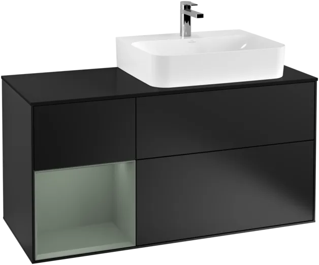 VILLEROY BOCH Toaletní skříňka Finion, s osvětlením, 3 výsuvy, 1200 x 603 x 501 mm, černý matný lak / olivový matný lak / černé matné sklo #F142GMPD