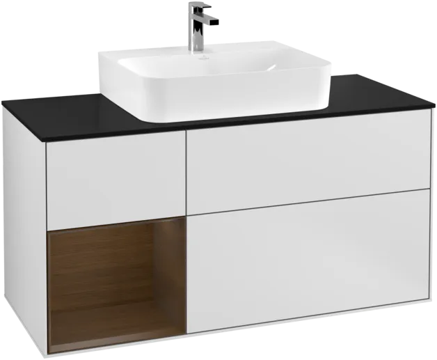 VILLEROY BOCH Toaletní skříňka Finion, s osvětlením, 3 výsuvy, 1200 x 603 x 501 mm, bílý matný lak / ořechová dýha / černé matné sklo #F162GNMT