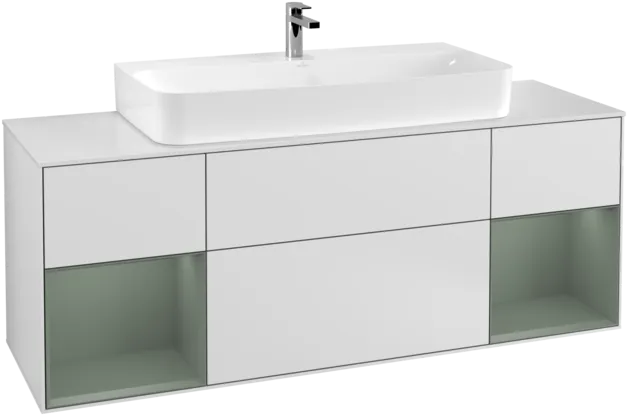 VILLEROY BOCH Toaletní skříňka Finion, s osvětlením, 4 výsuvy, 1600 x 603 x 501 mm, bílý matný lak / olivový matný lak / bílé matné sklo #F211GMMT, obrázek 1