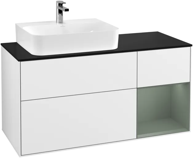 VILLEROY BOCH Toaletní skříňka Finion, s osvětlením, 3 výsuvy, 1200 x 603 x 501 mm, lesklý bílý lak / olivově matný lak / černé matné sklo #F152GMGF