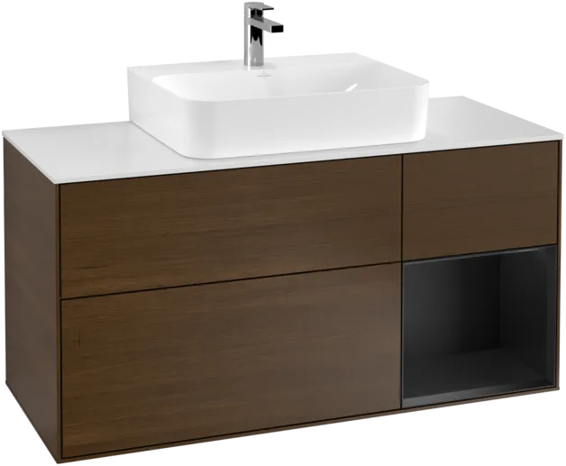 VILLEROY BOCH Toaletní skříňka Finion, s osvětlením, 3 výsuvy, 1200 x 603 x 501 mm, ořechová dýha / černý matný lak / sklo bílé matné #F171PDGN