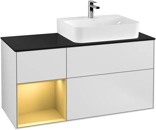 VILLEROY BOCH Toaletní skříňka Finion, s osvětlením, 3 výsuvy, 1200 x 603 x 501 mm, bílý matný lak / zlatý matný lak / černé matné sklo #F142HFMT, obrázek 1