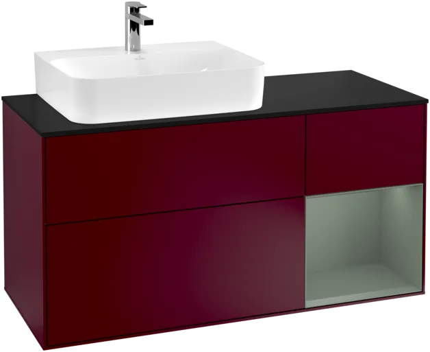 VILLEROY BOCH Toaletní skříňka Finion, s osvětlením, 3 výsuvy, 1200 x 603 x 501 mm, Pivoňka matný lak / Olivový matný lak / Sklo černé matné #F152GMHB, obrázek 1