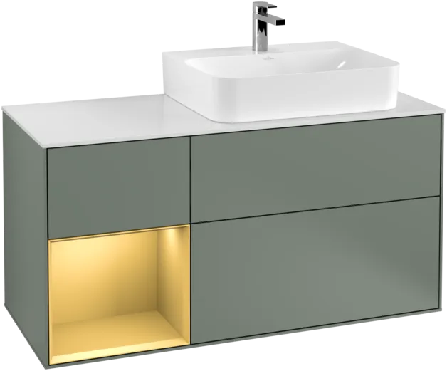 VILLEROY BOCH Toaletní skříňka Finion, s osvětlením, 3 výsuvy, 1200 x 603 x 501 mm, olivový matný lak / zlatý matný lak / bílé matné sklo #F141HFGM, obrázek 1