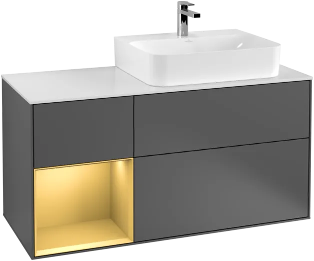 VILLEROY BOCH Toaletní skříňka Finion, s osvětlením, 3 výsuvy, 1200 x 603 x 501 mm, antracitový matný lak / zlatý matný lak / bílé matné sklo #F141HFGK, obrázek 1