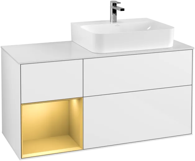 VILLEROY BOCH Toaletní skříňka Finion, s osvětlením, 3 výsuvy, 1200 x 603 x 501 mm, lesklý bílý lak / zlatý matný lak / bílé matné sklo #F141HFGF, obrázek 1
