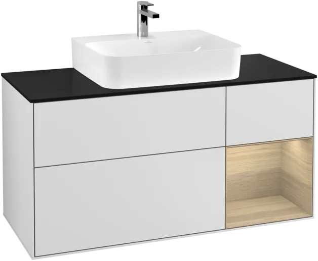 VILLEROY BOCH Toaletní skříňka Finion, s osvětlením, 3 výsuvy, 1200 x 603 x 501 mm, bílý matný lak / dubová dýha / černé matné sklo #F172PCMT, obrázek 1