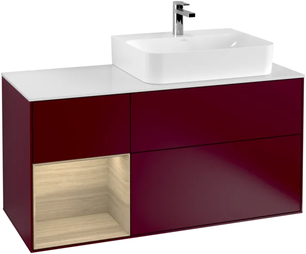 VILLEROY BOCH Toaletní skříňka Finion, s osvětlením, 3 výsuvy, 1200 x 603 x 501 mm, matný lak Peony / dubová dýha / bílé matné sklo #F141PCHB