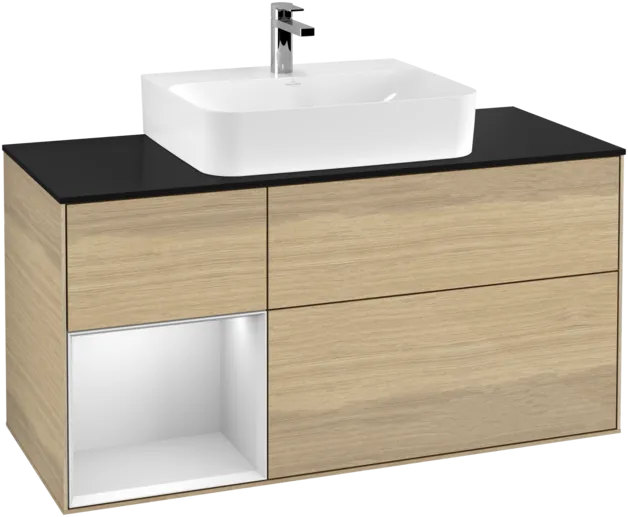 VILLEROY BOCH Toaletní skříňka Finion, s osvětlením, 3 výsuvy, 1200 x 603 x 501 mm, dubová dýha / bílý matný lak / černé matné sklo #F162MTPC