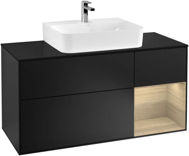 VILLEROY BOCH Toaletní skříňka Finion, s osvětlením, 3 výsuvy, 1200 x 603 x 501 mm, černý matný lak / dubová dýha / černé matné sklo #F172PCPD, obrázek 1