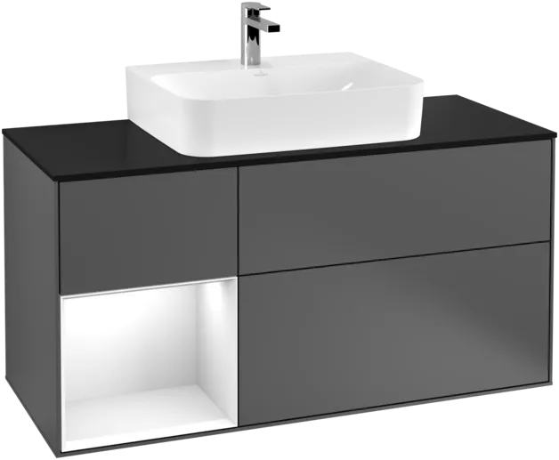 VILLEROY BOCH Toaletní skříňka Finion, s osvětlením, 3 výsuvy, 1200 x 603 x 501 mm, antracitový matný lak / lesklý bílý lak / černé matné sklo #F162GFGK