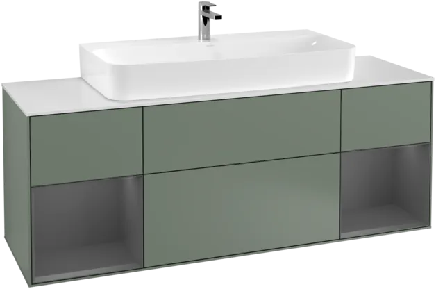 VILLEROY BOCH Toaletní skříňka Finion, s osvětlením, 4 výsuvy, 1600 x 603 x 501 mm, olivový matný lak / antracitový matný lak / bílé matné sklo #F211GKGM