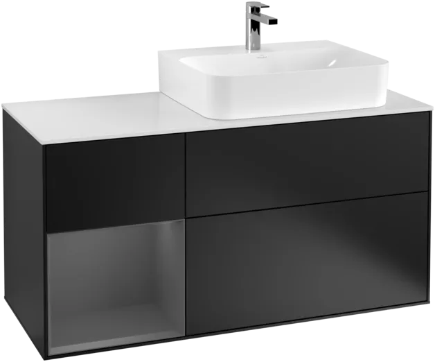 VILLEROY BOCH Toaletní skříňka Finion, s osvětlením, 3 výsuvy, 1200 x 603 x 501 mm, černý matný lak / antracitový matný lak / bílé matné sklo #F141GKPD