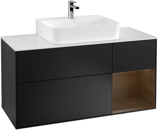 VILLEROY BOCH Toaletní skříňka Finion, s osvětlením, 3 výsuvy, 1200 x 603 x 501 mm, černý matný lak / ořechová dýha / bílé matné sklo #F171GNPD