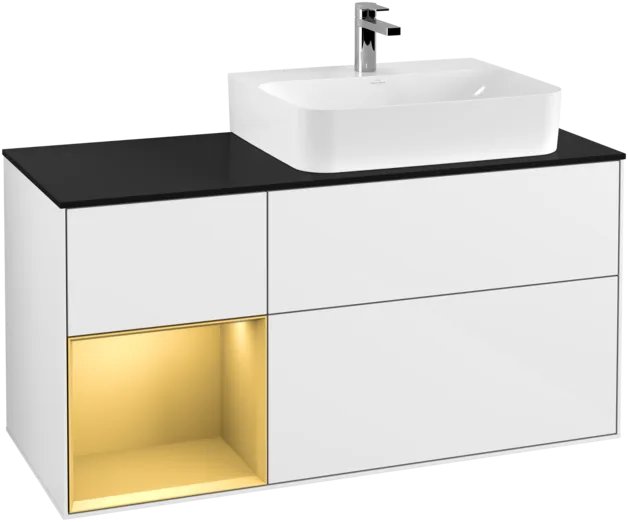 VILLEROY BOCH Toaletní skříňka Finion, s osvětlením, 3 výsuvy, 1200 x 603 x 501 mm, lesklý bílý lak / zlatý matný lak / černé matné sklo #F142HFGF