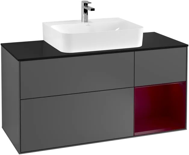 VILLEROY BOCH Toaletní skříňka Finion, s osvětlením, 3 výsuvy, 1200 x 603 x 501 mm, antracitový matný lak / pivoňkový matný lak / černé matné sklo #F172HBGK