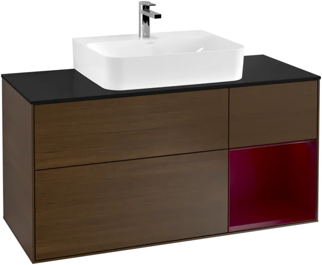 VILLEROY BOCH Toaletní skříňka Finion, s osvětlením, 3 výsuvy, 1200 x 603 x 501 mm, ořechová dýha / matný lak Pivoňka / černé matné sklo #F172HBGN