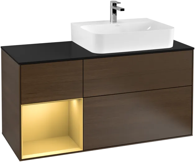 VILLEROY BOCH Toaletní skříňka Finion, s osvětlením, 3 výsuvy, 1200 x 603 x 501 mm, ořechová dýha / zlatý matný lak / černé matné sklo #F142HFGN