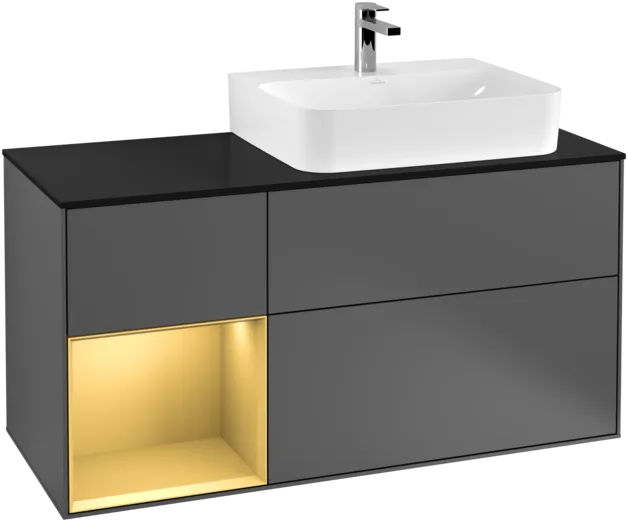 VILLEROY BOCH Toaletní skříňka Finion, s osvětlením, 3 výsuvy, 1200 x 603 x 501 mm, antracit matný lak / zlatý matný lak / černé matné sklo #F142HFGK
