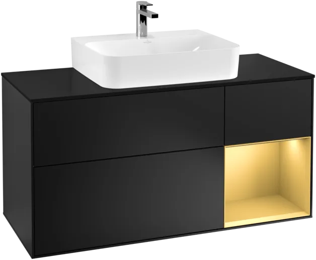 VILLEROY BOCH Toaletní skříňka Finion, s osvětlením, 3 výsuvy, 1200 x 603 x 501 mm, černý matný lak / zlatý matný lak / černé matné sklo #F172HFPD
