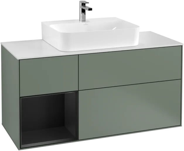 VILLEROY BOCH Toaletní skříňka Finion, s osvětlením, 3 výsuvy, 1200 x 603 x 501 mm, olivový matný lak / černý matný lak / bílé matné sklo #F161PDGM