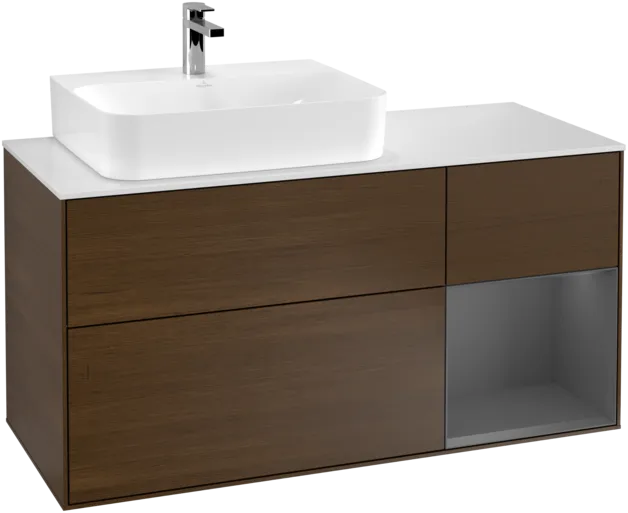 VILLEROY BOCH Toaletní skříňka Finion, s osvětlením, 3 výsuvy, 1200 x 603 x 501 mm, ořechová dýha / antracitový matný lak / bílé matné sklo #F151GKGN