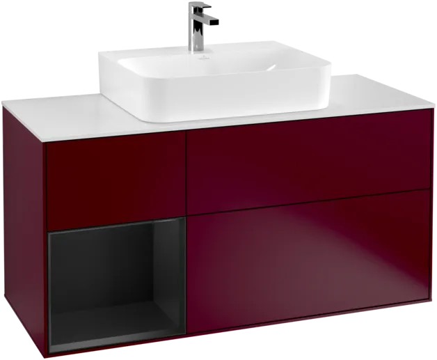 VILLEROY BOCH Toaletní skříňka Finion, s osvětlením, 3 výsuvy, 1200 x 603 x 501 mm, Pivoňka matný lak / Černý matný lak / Sklo bílé matné #F161PDHB
